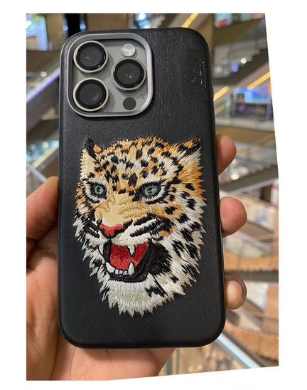 iPhone 15 3D Embroidery Animal Series Original Leather Case / Leopard Face