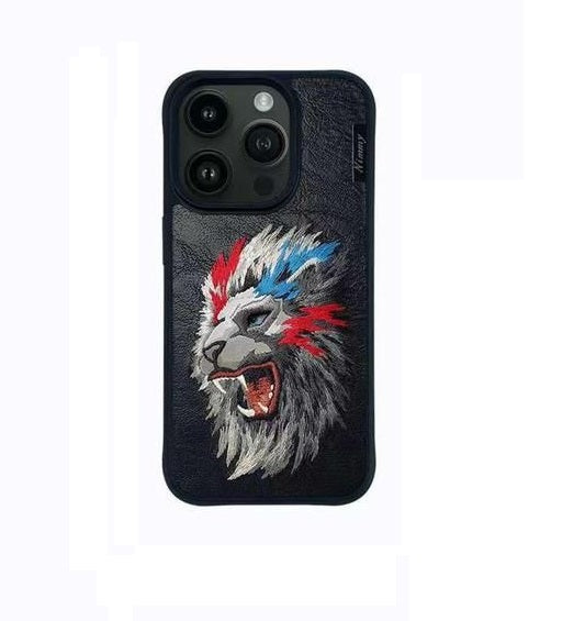 iPhone 15 Pro Max Nimmy 3D Embroided Leather Lion Back Case