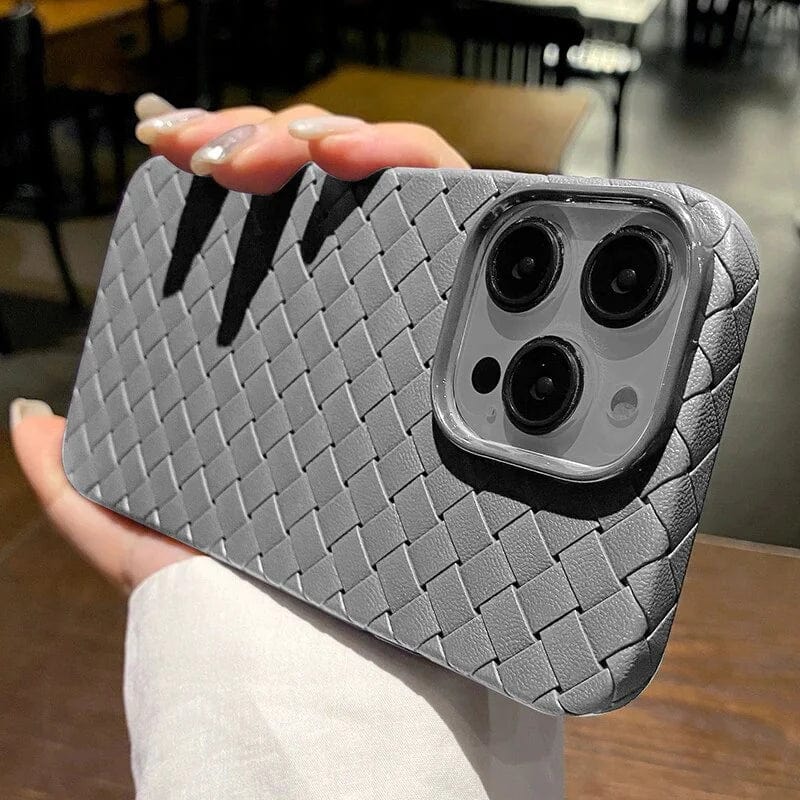 iPhone 15 Pro Max Luxury Weave Breathable Cooling Matte Soft Silicon Grid Case - Titanium Grey / Black