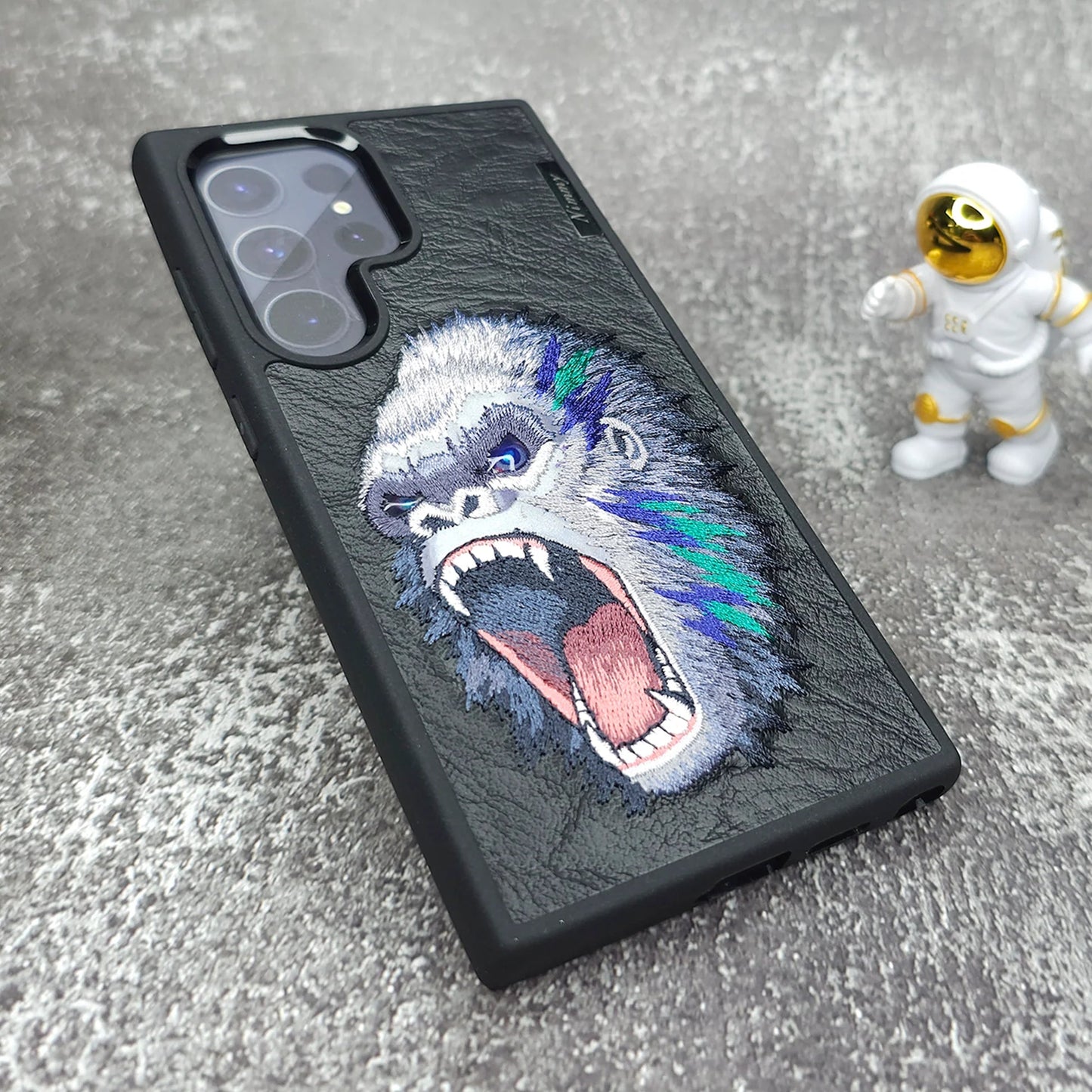 Samsung Galaxy S25 Ultra Nimmy Case, 3D Embroidery Gorilla Face Leather Case - Black