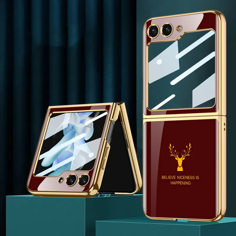 Samsung Galaxy Z Flip 5 Deer Pattern Glass Case-Wine