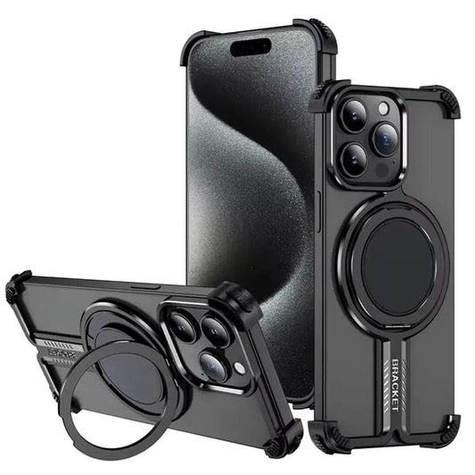 iPhone 16 Pro Max Metal Case Invisible Magnetic O Shape Ring Stand Frameless Metal Case - Black