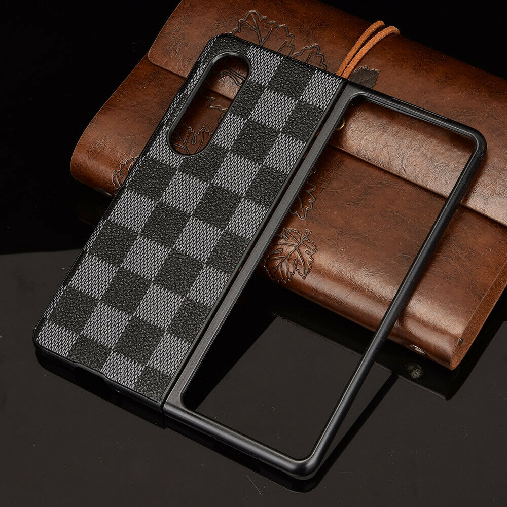 Samsung Galaxy Z Fold 4 Check Pattern Leather Back Case-Black