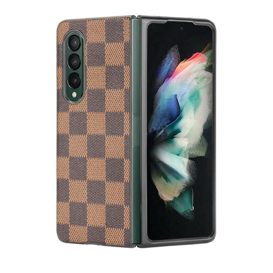 Samsung Galaxy Z Fold 4 Check Pattern Leather Back Case-Brown