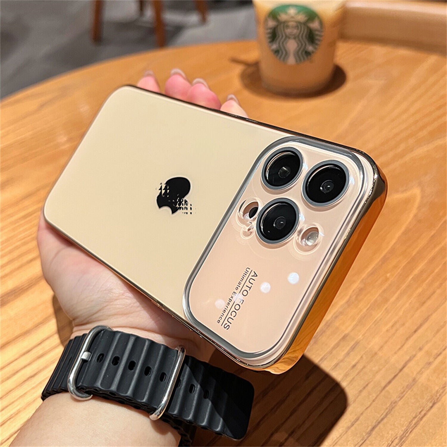 iPhone 15 Full Lens Glass Case With Logo- Gold