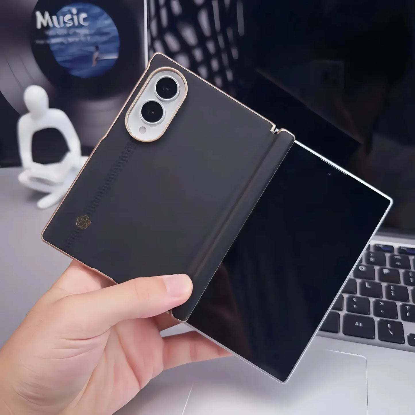 Samsung Z Fold8 Leather Case, Quiet Elegance Luxe Minimalist Case with Hinge (No Front) - Black