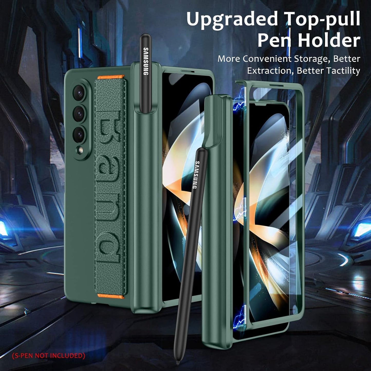 Samsung Galaxy Z Fold 3 Luxury Hard PC with S-Pen Slot & Front Glass Protection Wrist Band Strap-Green