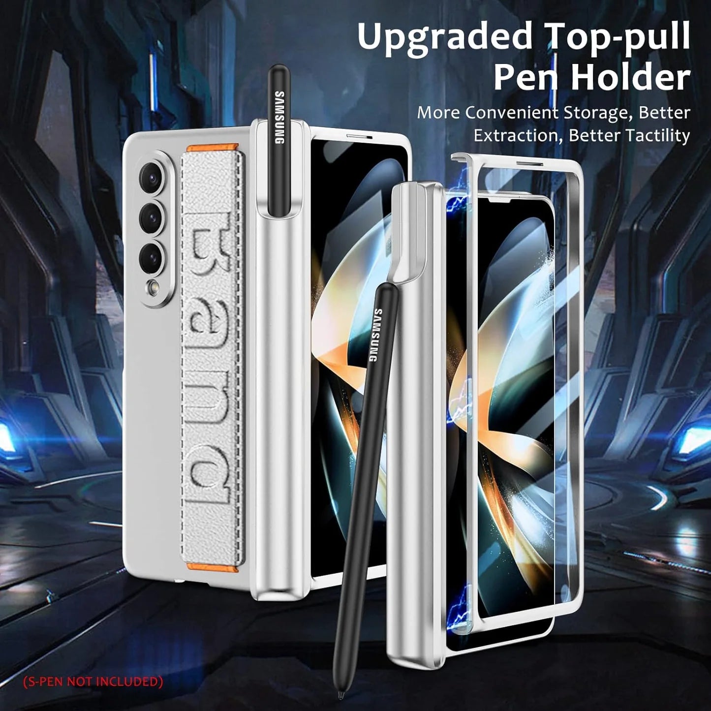 Samsung Galaxy Z Fold 4 Luxury Hard PC with S-Pen Slot & Front Glass Protection Wrist Band Strap-Silver