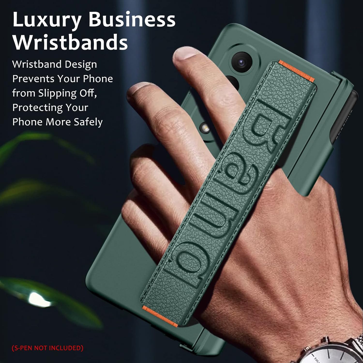 Samsung Galaxy Z Fold 3 Luxury Hard PC with S-Pen Slot & Front Glass Protection Wrist Band Strap-Green
