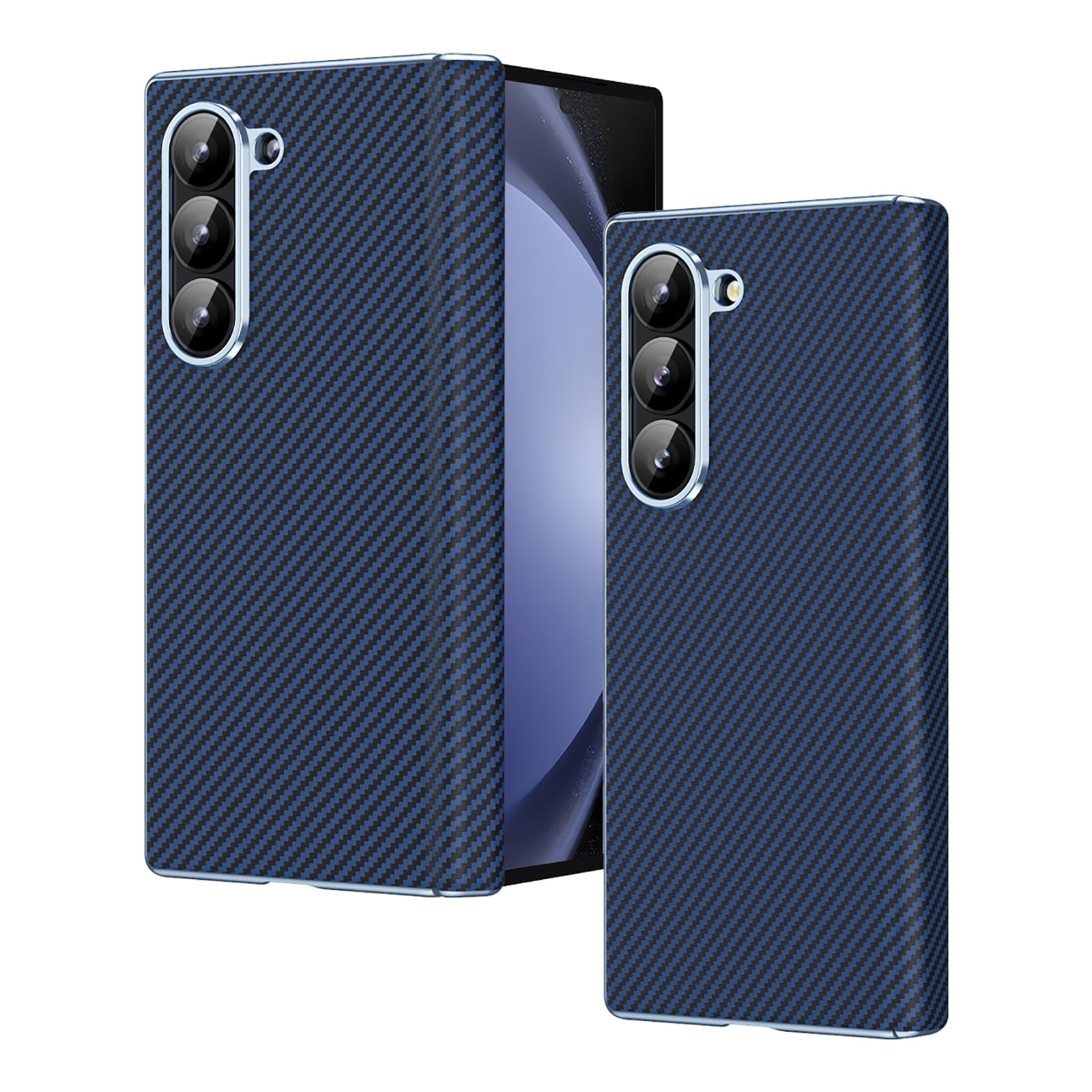 Samsung Galaxy Z Fold6 Leather Carbon Textured Electroplated Case with Hinge Protection & Front Glass - Blue