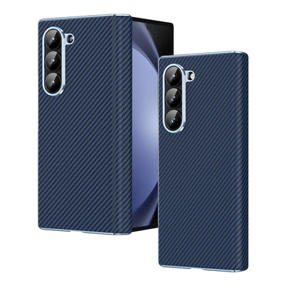 Samsung Galaxy Z Fold6 Leather Carbon Textured Electroplated Case with Hinge Protection & Front Glass - Blue