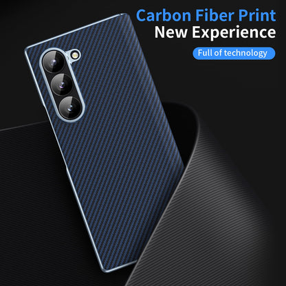 Samsung Galaxy Z Fold6 Leather Carbon Textured Electroplated Case with Hinge Protection & Front Glass - Blue