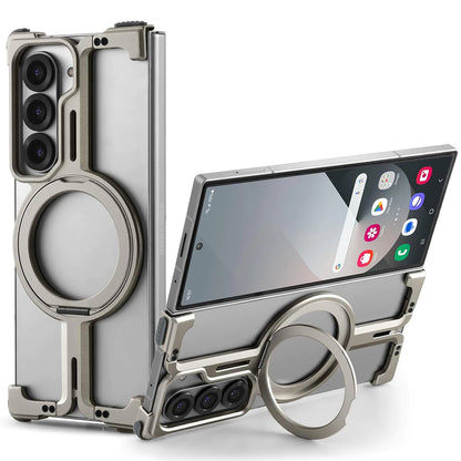 Samsung Galaxy Z Fold 6 Frameless Metal Bumper Magsafe Case with Magnetic Kickstand 360° Rotation Ring - Titanium