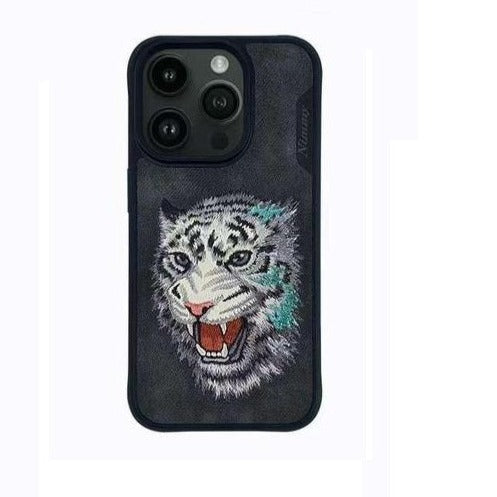 iPhone 15 Pro Nimmy 3D Embroided Leather Tiger Back Case