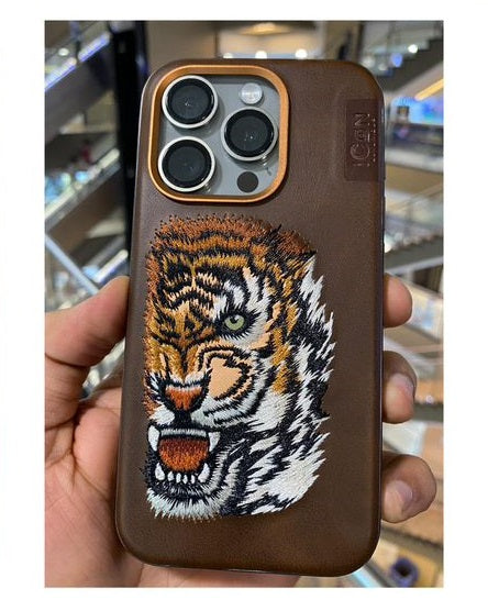 iPhone 15 3D Embroidery Animal Series Original Leather Case / Tiger Face