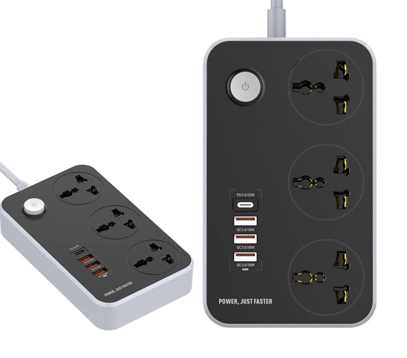 LDNIO Fast Charge 20W with 3 Power Ports and 3 USB 3 0 Ports Fast Charge 7 Socket Extension Boards Black Grey 2m With USB Port