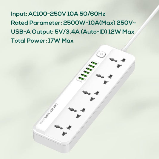 LDNIO Power Strip Surge Protector with 5 AC Outlets and 6 USB Charging Ports 2m long extension cord for Home & Office - White