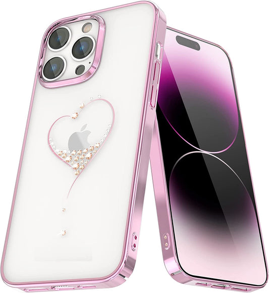 iPhone 14 Pro Max Kingxbar Heart Rhinestone Diamond Plated Hard Clear PC Back Cover-Rose Gold