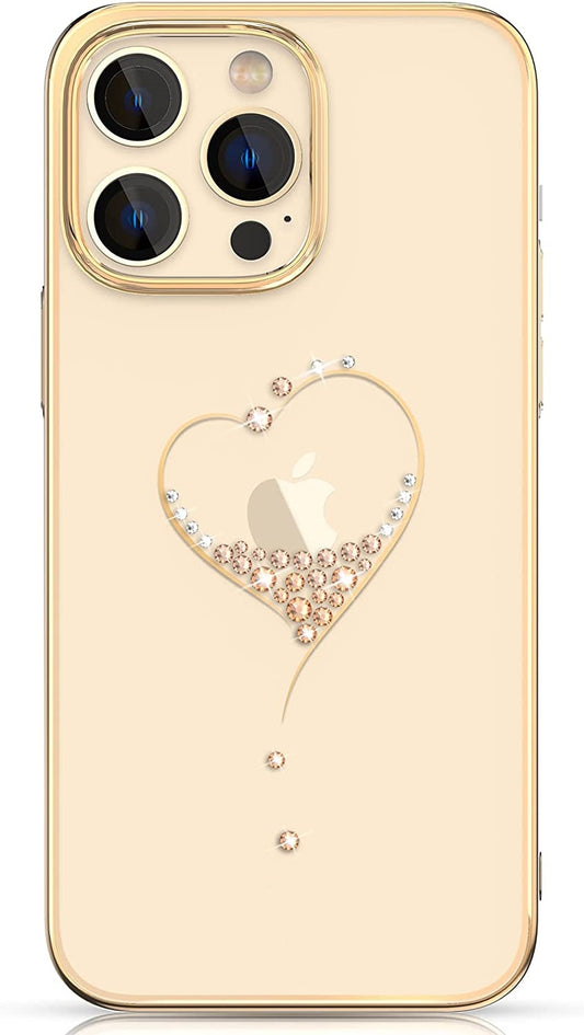 iPhone 14 Pro Max Kingxbar Heart Rhinestone Diamond Plated Hard Clear PC Back Cover-Gold