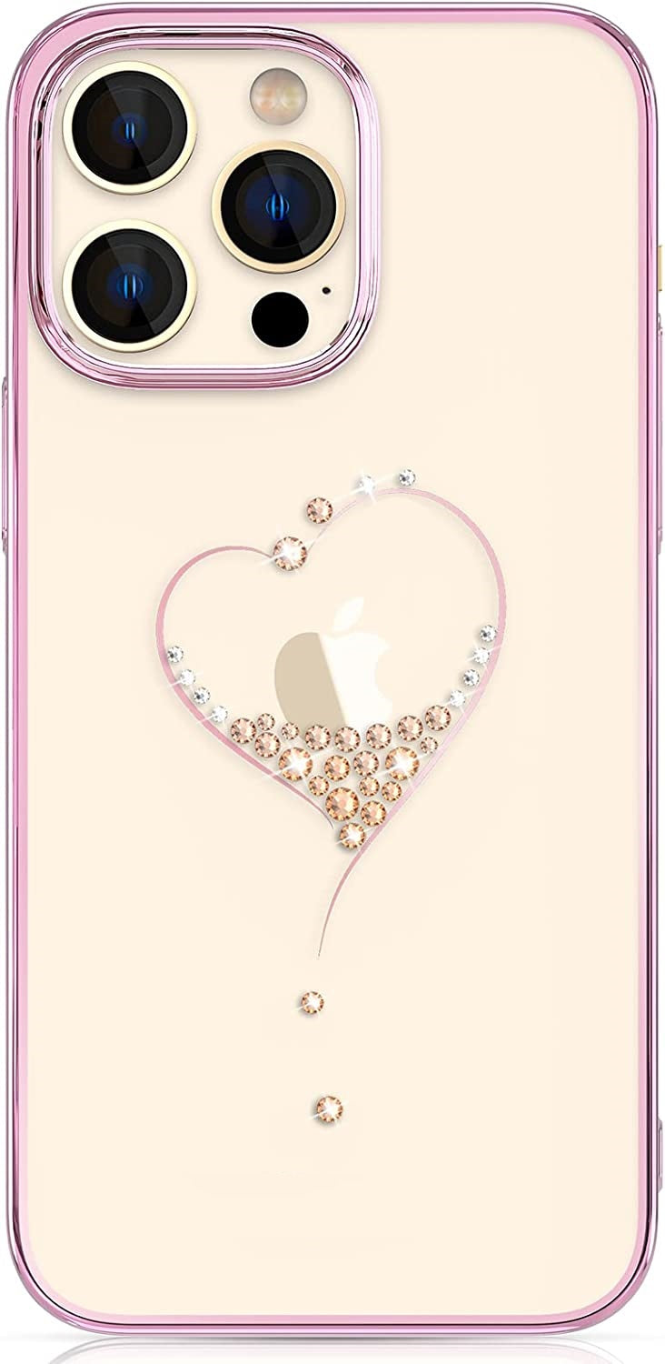 iPhone 14 Pro Kingxbar Heart Rhinestone Diamond Plated Hard Clear PC Back Cover-Rose Gold