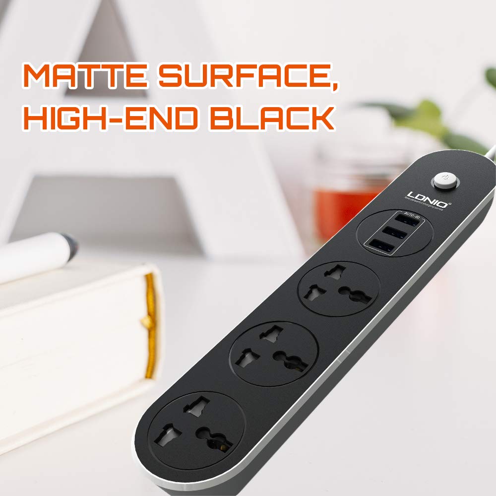 LDNIO Power Strip Surge Protector with 3 Universal Power Socket || 3 USB 2.4A Quick Charging Ports || 1.6 Metre Cord Length || ABS Plastic Material || 2500W Rated Power