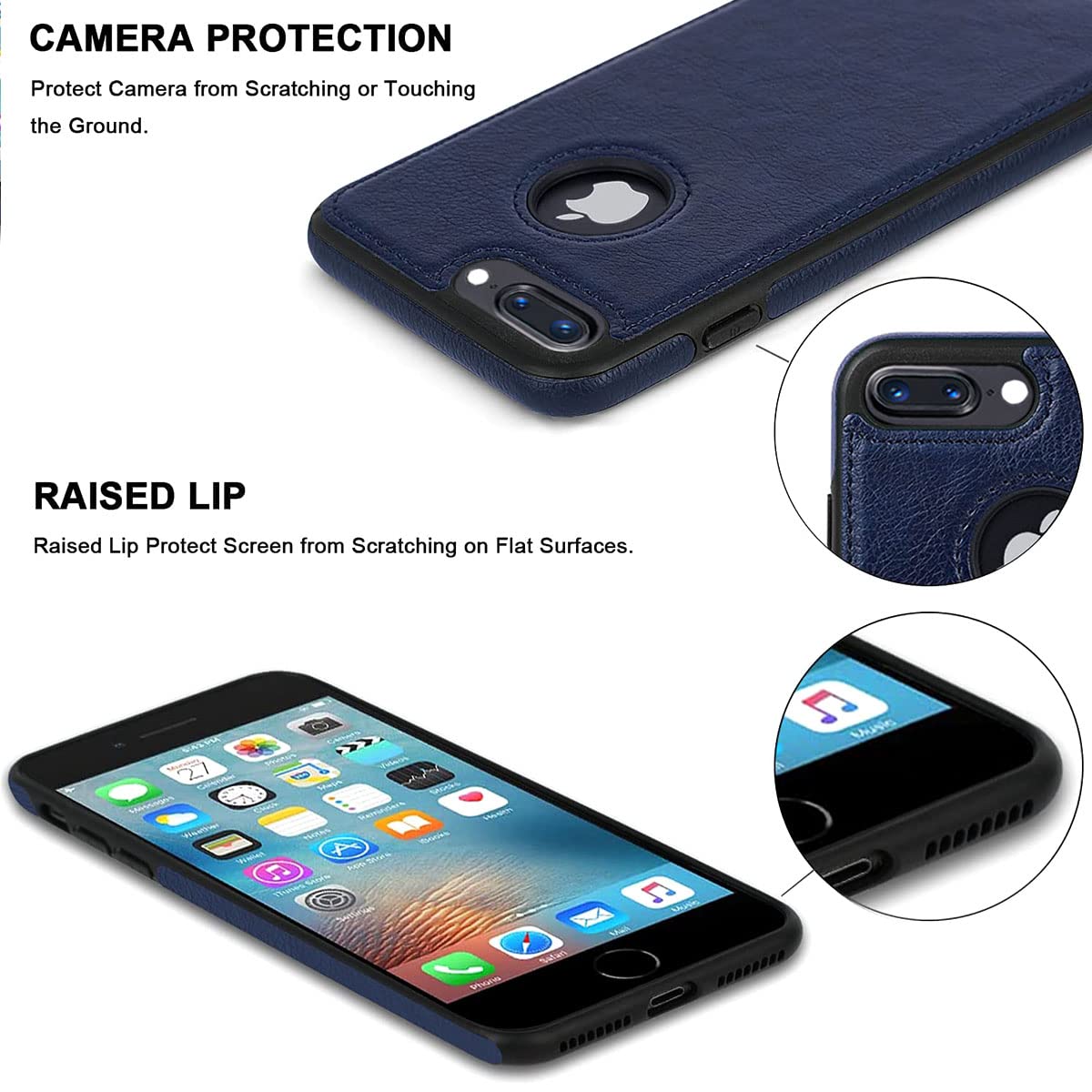 iPhone 8 Plus Original PU Leather Case Classic Luxury Elegant with Logo Cut - Blue