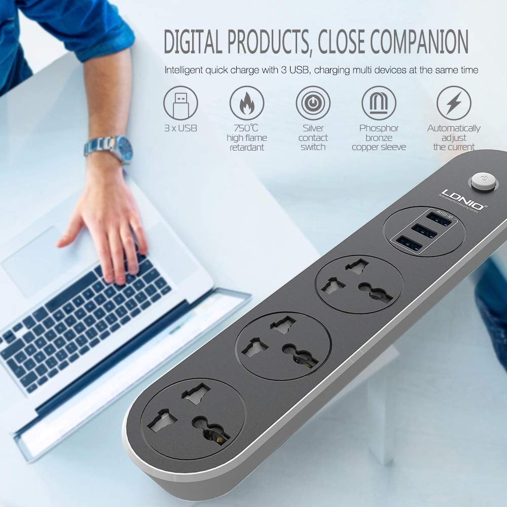 LDNIO Power Strip Surge Protector with 3 Universal Power Socket || 3 USB 2.4A Quick Charging Ports || 1.6 Metre Cord Length || ABS Plastic Material || 2500W Rated Power