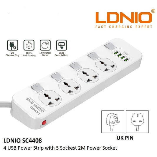 LDNIO Defender Series 2500W 4 Sockets with Independent Switch 3.4A 4 USB Port Multifunction Power Surge Protector