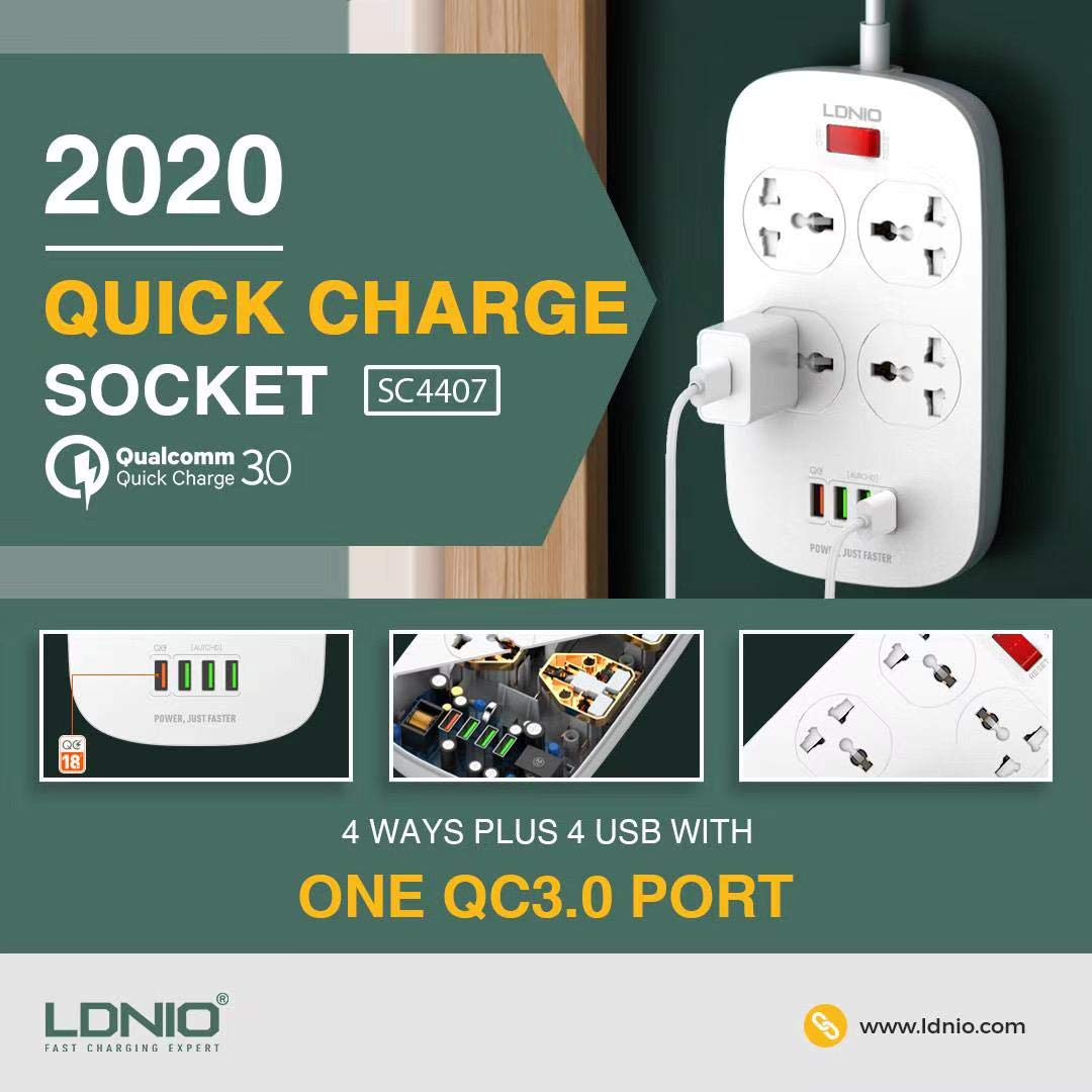 LDNIO New Model Defender Series Qualcomm 3.0 Quick Charge 4 Ways Socket 4 USB with one QC 3.0 Port Multifunction Power Surge Protector 2 metres Cord