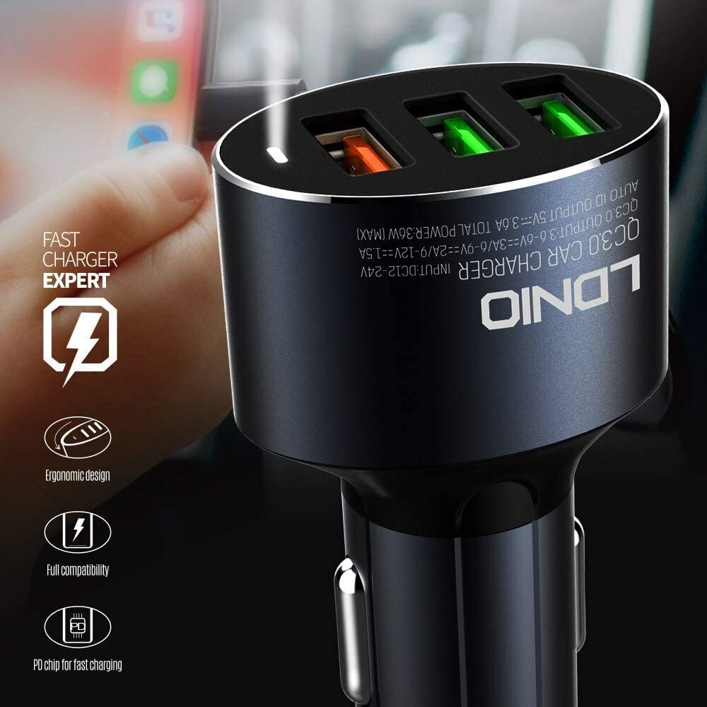 LDNIO Triple Port USB Quick Charge QC 3.0 Car Charger (Black)