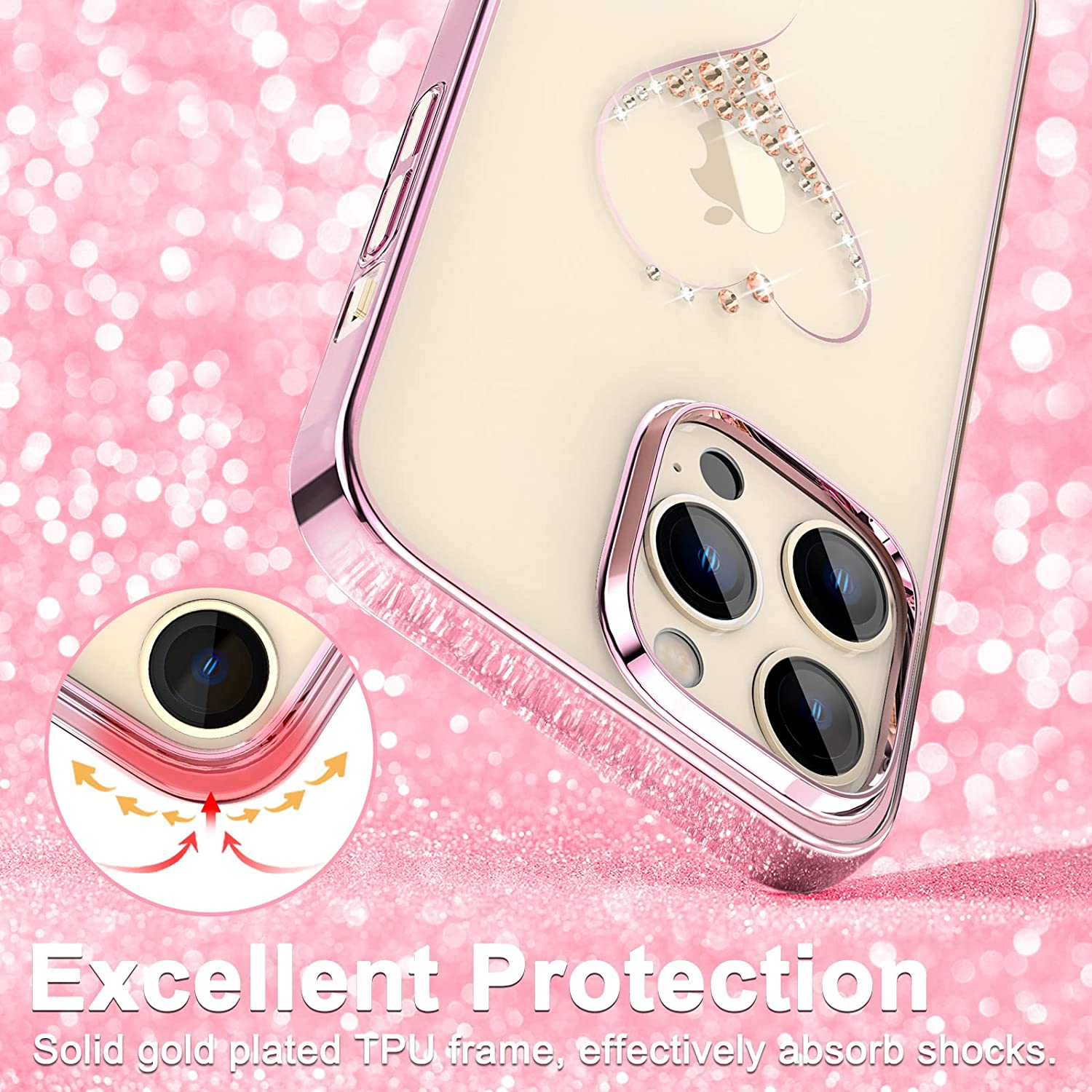 iPhone 14 Pro Max Kingxbar Heart Rhinestone Diamond Plated Hard Clear PC Back Cover-Rose Gold