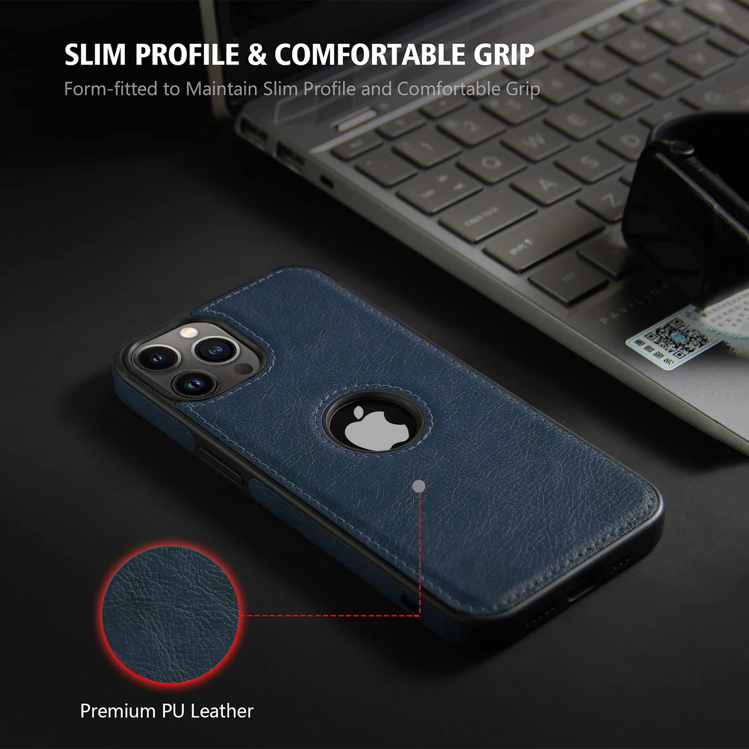 iPhone 14 Pro Max Original PU Leather Case Classic Luxury Elegant with Logo Cut - Blue