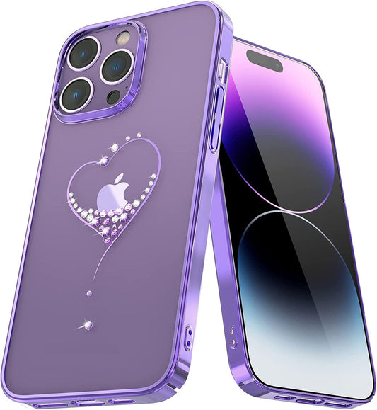 iPhone 14 Pro Kingxbar Heart Rhinestone Diamond Plated Hard Clear PC Back Cover-Purple