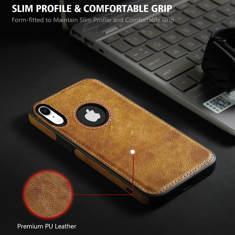 iPhone Xr Original PU Leather Case Classic Luxury Elegant with Logo Cut - Brown