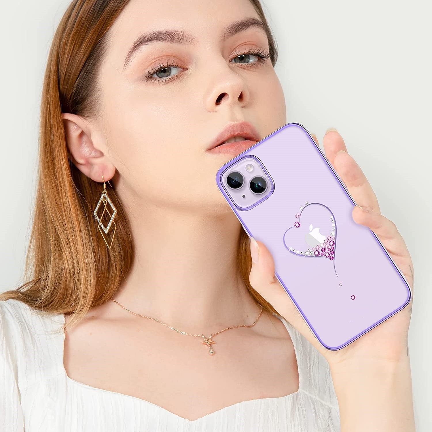 iPhone 14 Kingxbar Heart Rhinestone Diamond Plated Hard Clear PC Back Cover-Purple