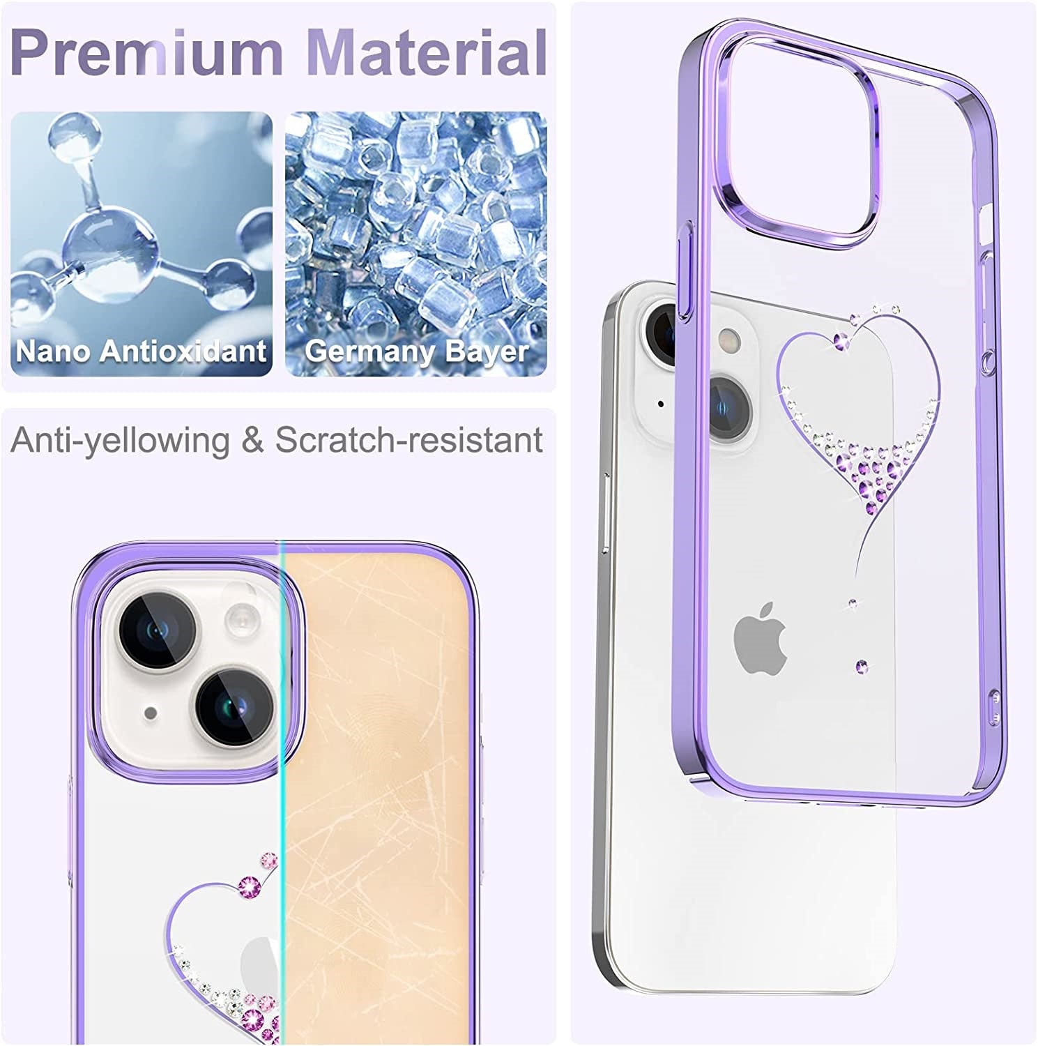 iPhone 14 Kingxbar Heart Rhinestone Diamond Plated Hard Clear PC Back Cover-Purple