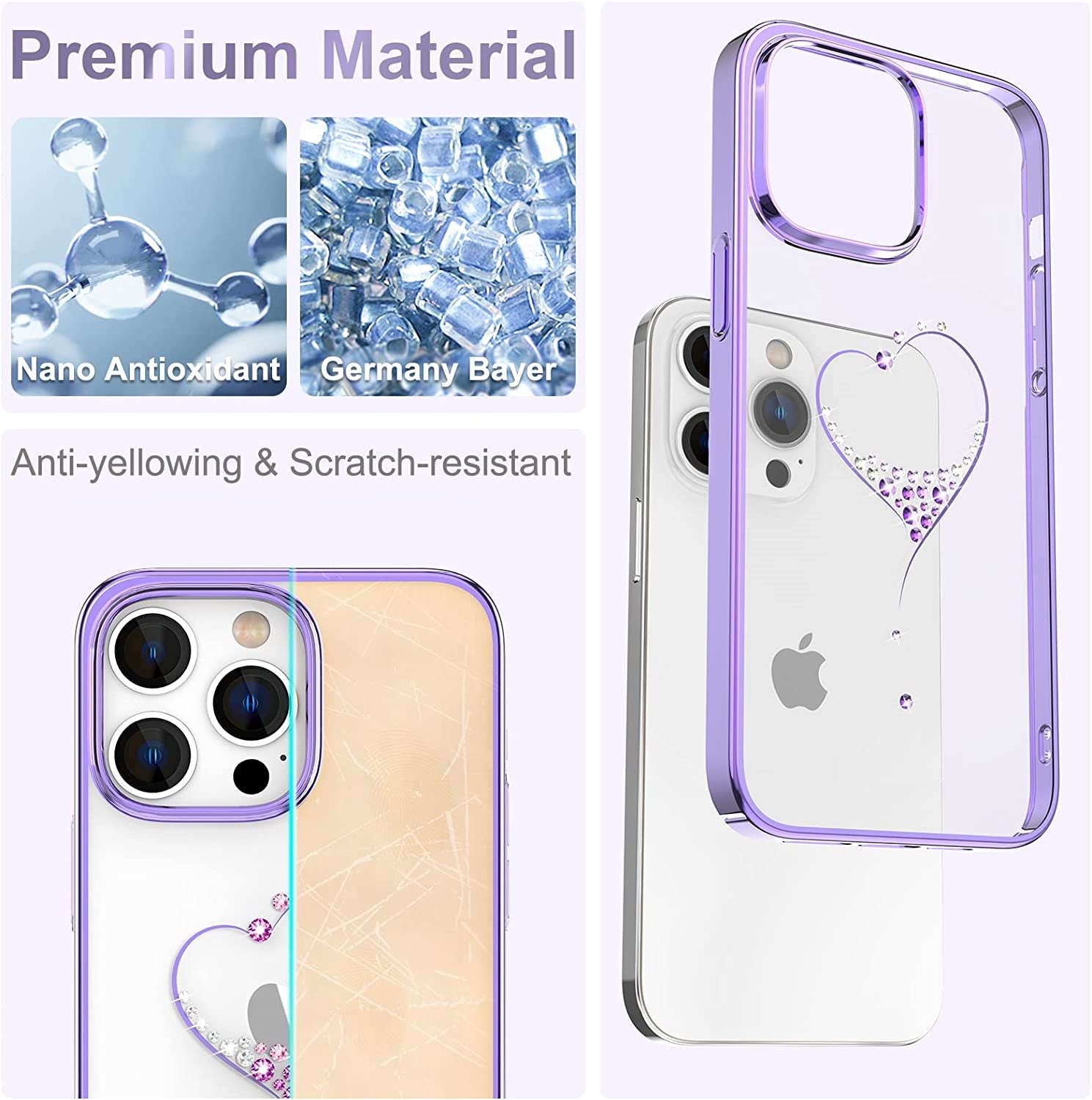 iPhone 14 Pro Max Kingxbar Heart Rhinestone Diamond Plated Hard Clear PC Back Cover-Purple