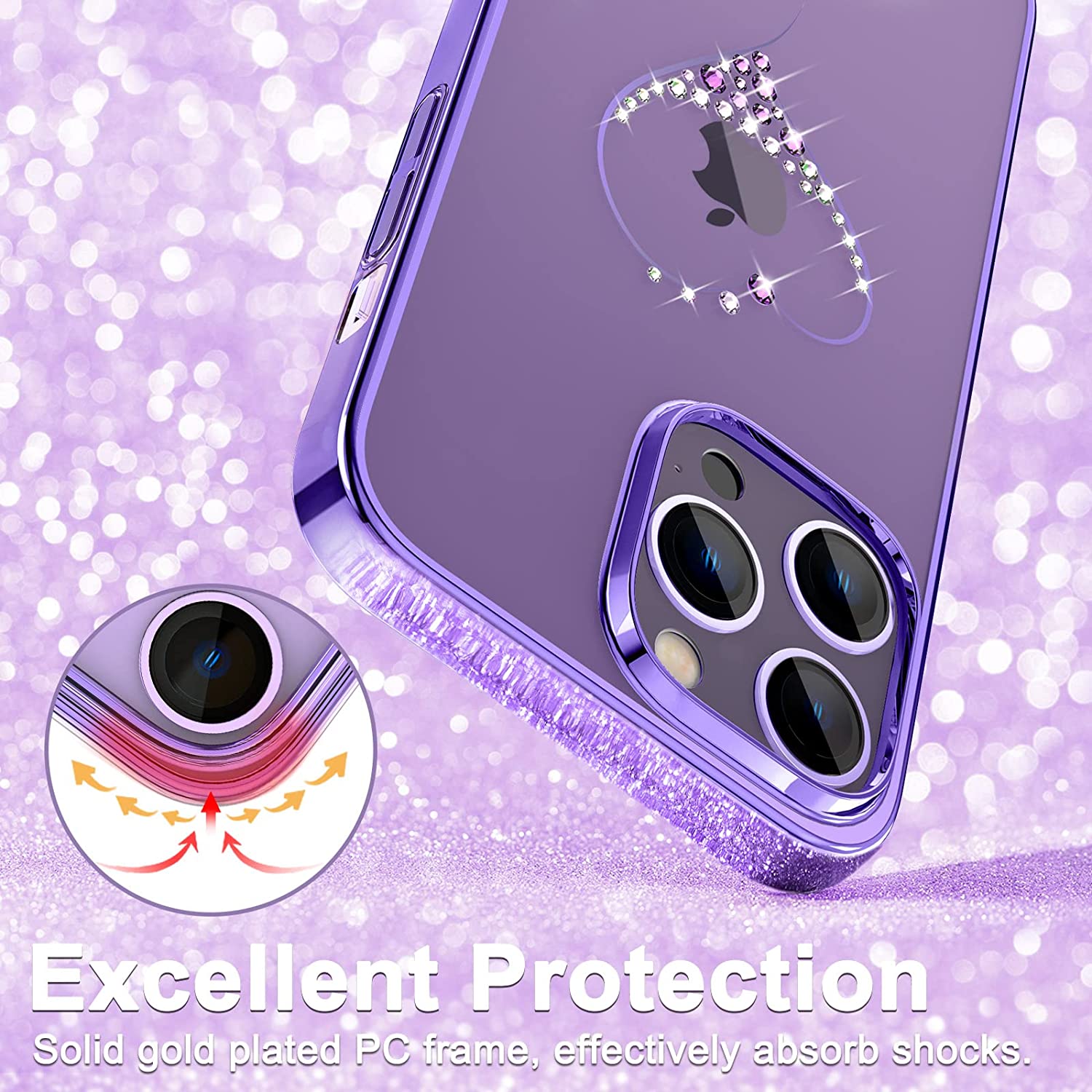 iPhone 14 Pro Kingxbar Heart Rhinestone Diamond Plated Hard Clear PC Back Cover-Purple