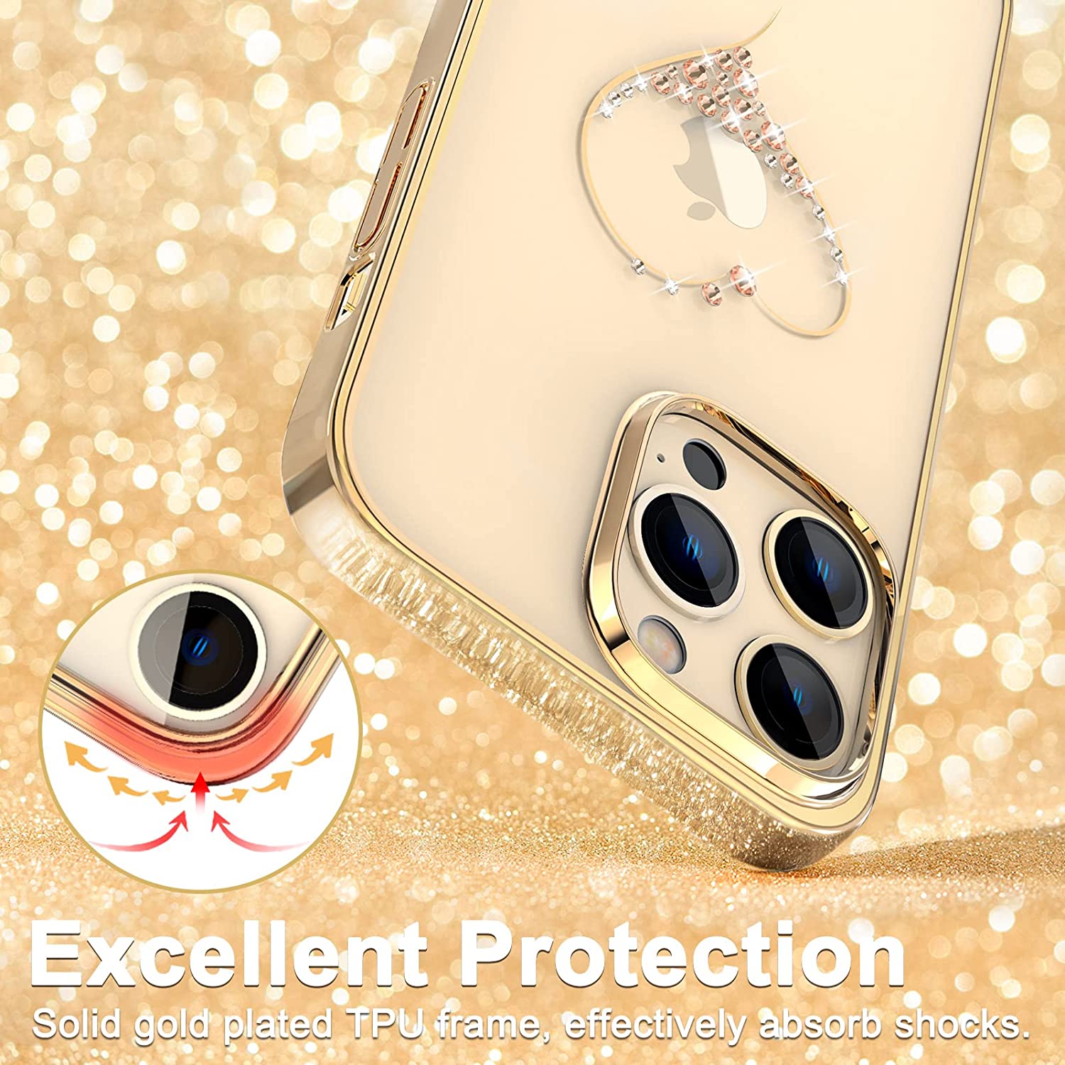 iPhone 14 Pro Max Kingxbar Heart Rhinestone Diamond Plated Hard Clear PC Back Cover-Gold