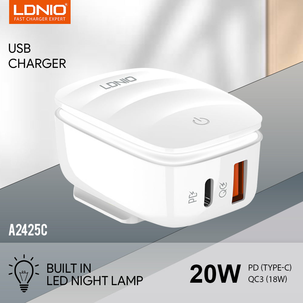 LDNIO HOME CHARGER LED LAMP USB +TYPE-C 20W + CABLE TYPE-C WHITE MOQ:30 (EU/US)