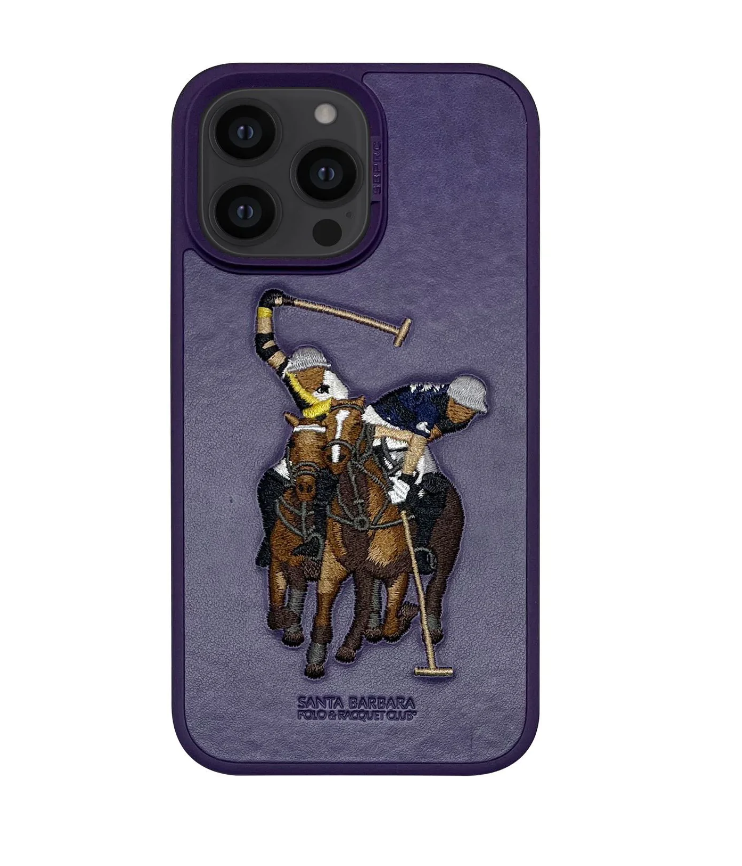 iPhone 14 Luxury 3D Embroided Polo Jockey Series Woven Leather Case - Deep Purple