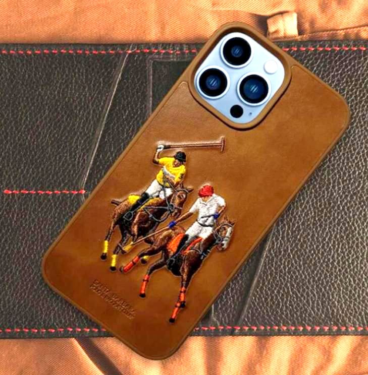 iPhone 12 Pro Max Luxury 3D Embroided Polo Jockey Series Woven Leather Case - Brown