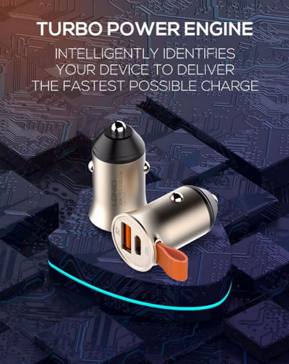 LDNIO New Design Dual Port Car Charger 30W Type-C PD and QC 3.0 Metal Fast Car USB Charger