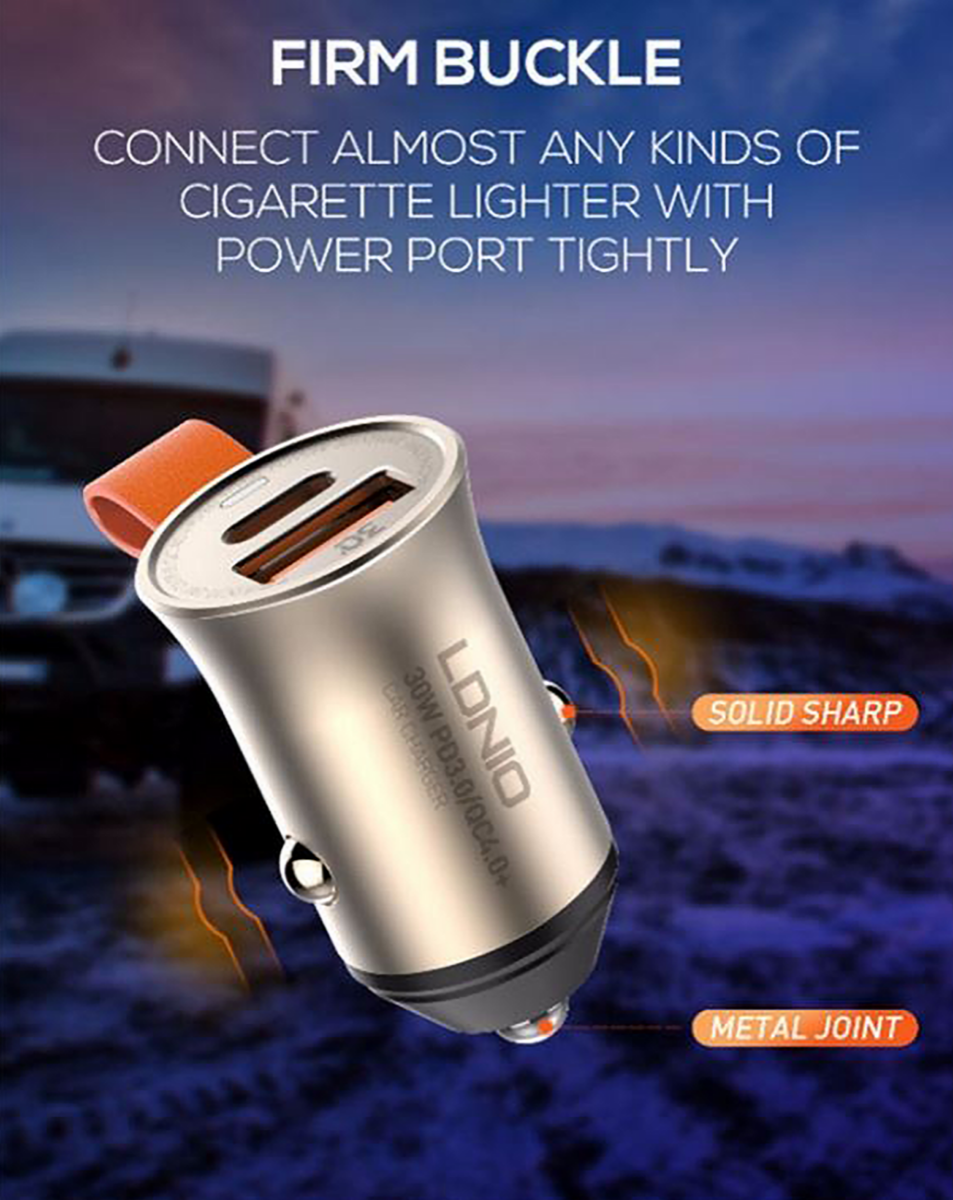LDNIO New Design Dual Port Car Charger 30W Type-C PD and QC 3.0 Metal Fast Car USB Charger