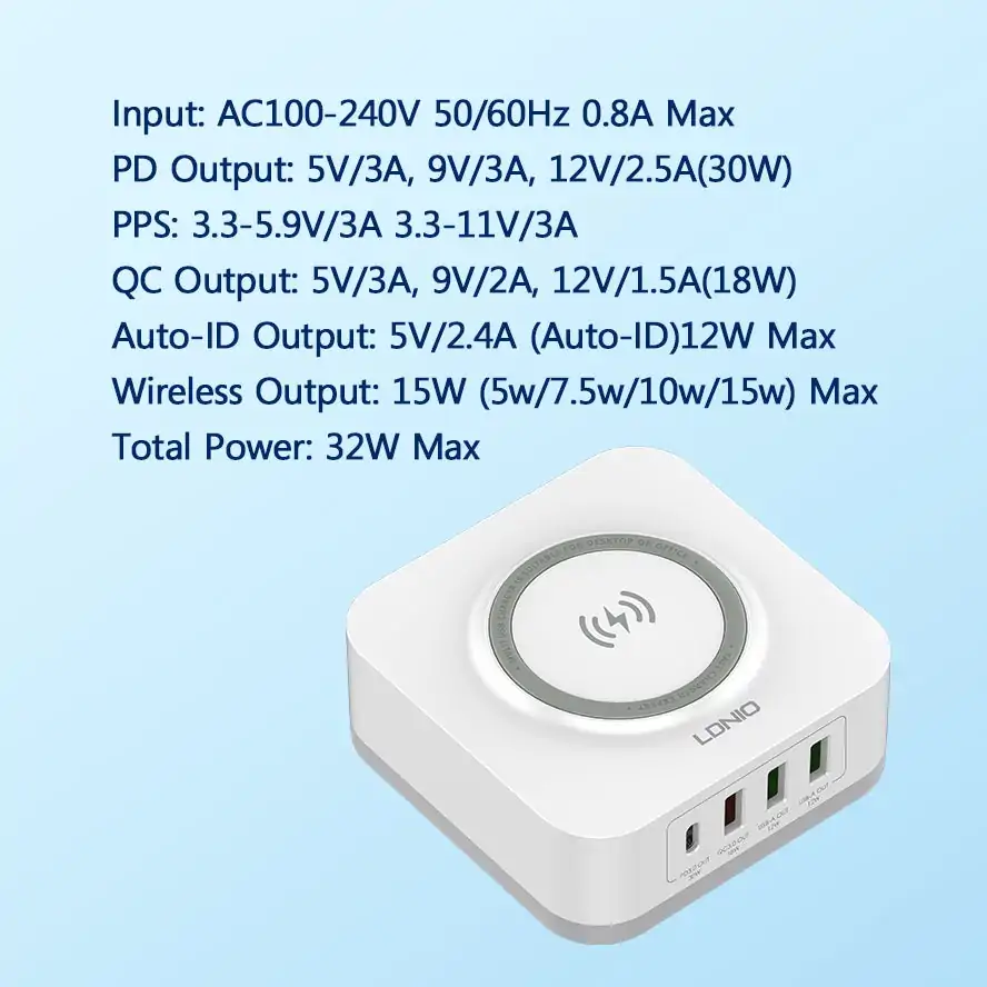 LDNIO 32W Wireless Desktop Home Adapter PD+QC Fast Charging charger Support Super fast charge